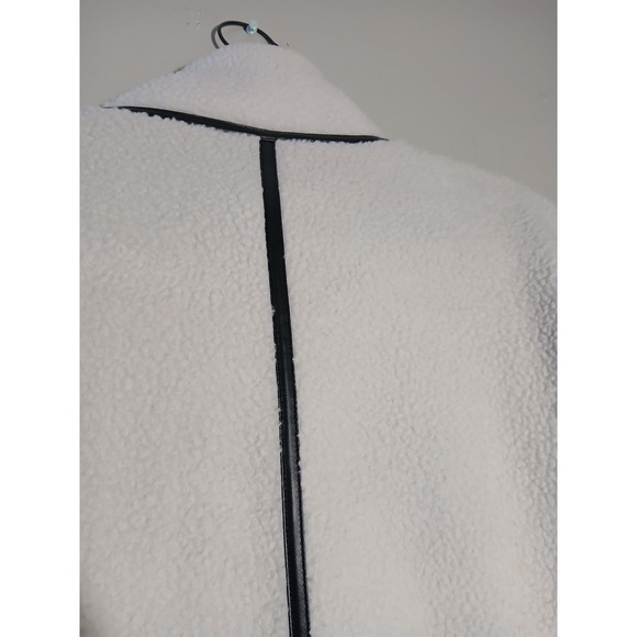 PRETTY GARDEN White Teddy Coat Faux Fur Black Trim Moto Collar Zip Up Size S - Picture 8 of 8